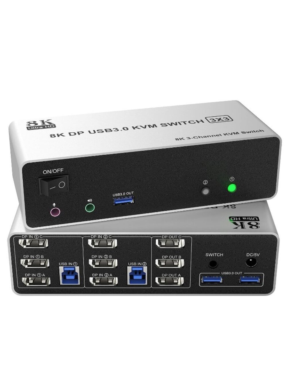 8K DP USB 3.0 KVM Switch 3x3 Triple Monitor HDMI Display Port -HDMI+2 DP